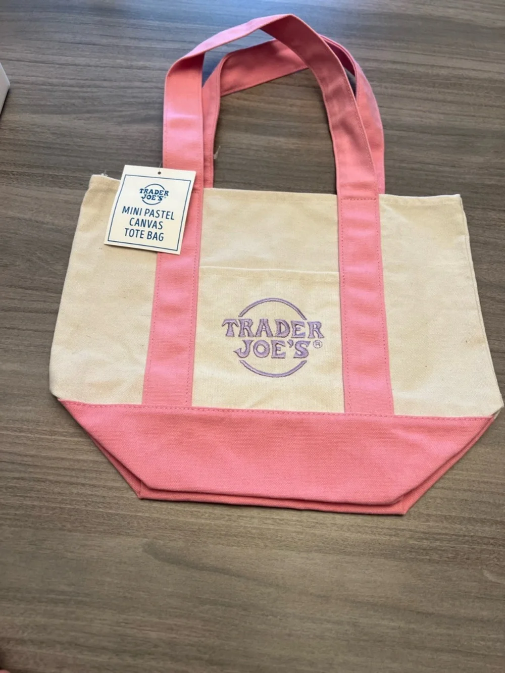 Trader Joe's Mini Pastel Pink & Cream Canvas Tote Bag With Purple Logo - Picture 5 of 7